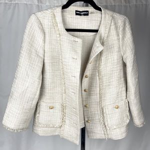 Karl Lagerfeld Paris Size 2 Cream Beige Frayed Tweed Jacket With Wood Buttons